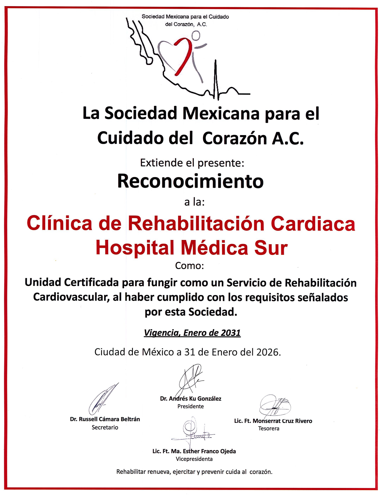 Certificación Clínica de Rehabilitación Cardiaca Médica Sur